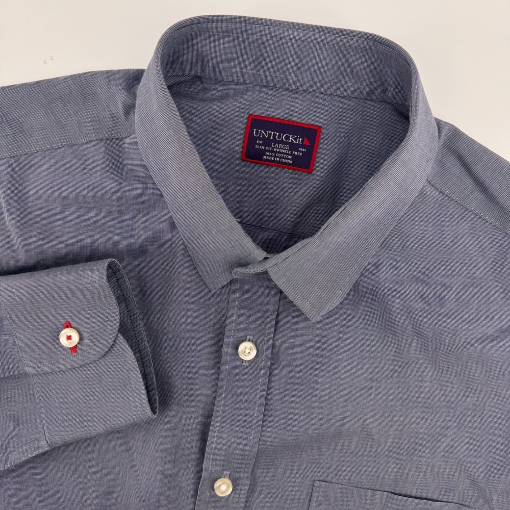 UNTUCKit Button Down Shirt Men Large Blue Slim Fit Wrinkle Free Micro-Check Long